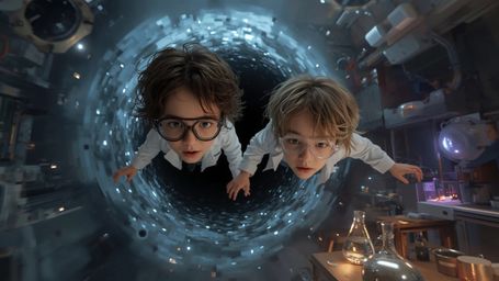 A mesmerizing, cinematic photograph in a whimsical, Pixar-esque style captures the astonishing moment a science fair duo inad