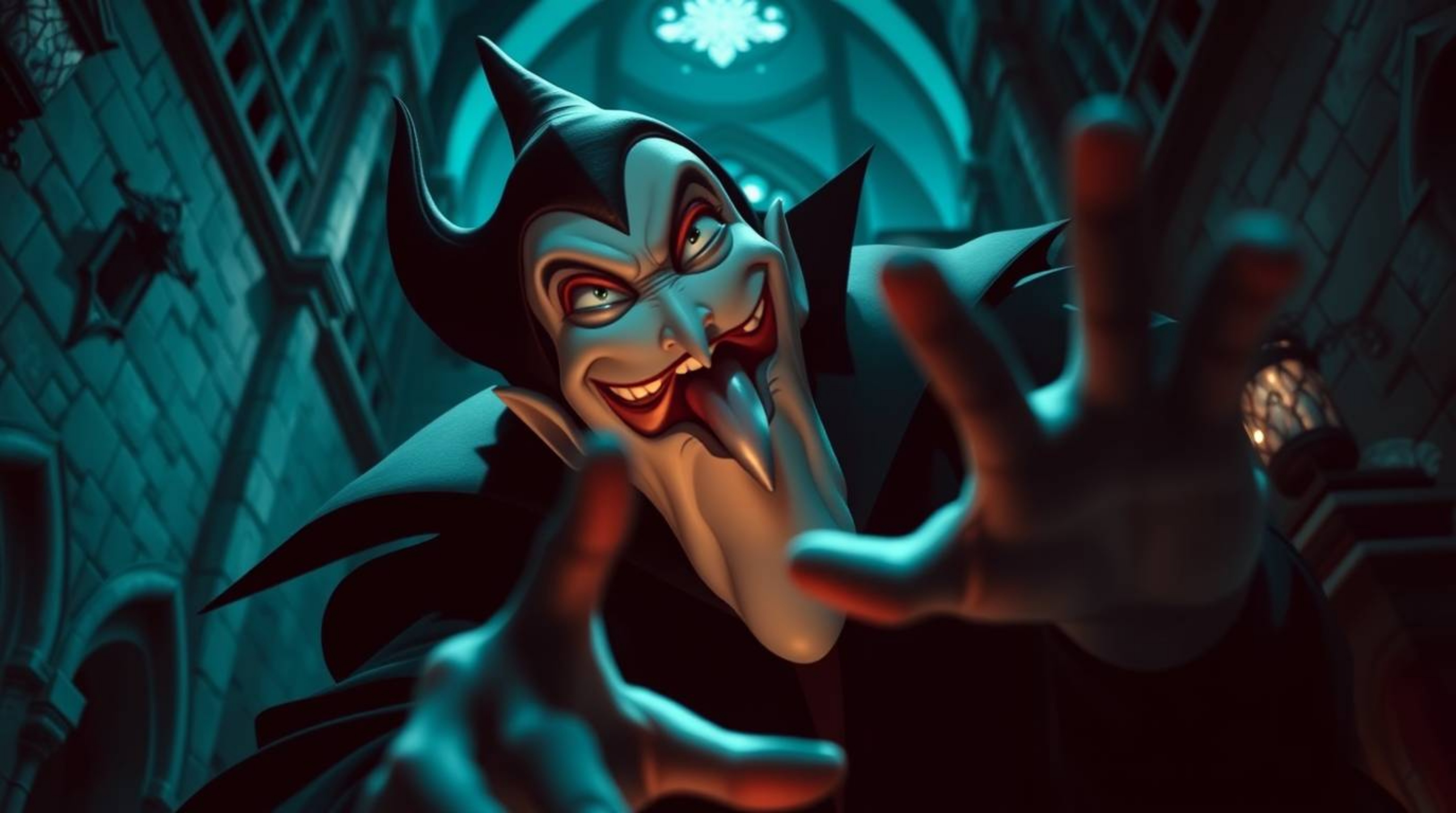 A captivating digital illustration of a classic Disney villain casting a spell within the walls of an ancient castle. The im
