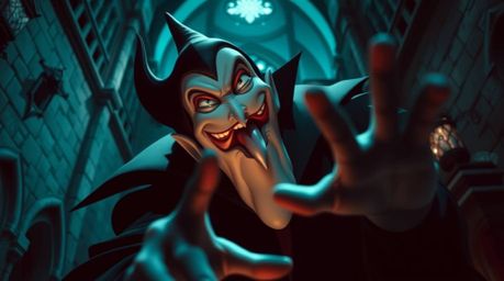 A captivating digital illustration of a classic Disney villain casting a spell within the walls of an ancient castle. The im