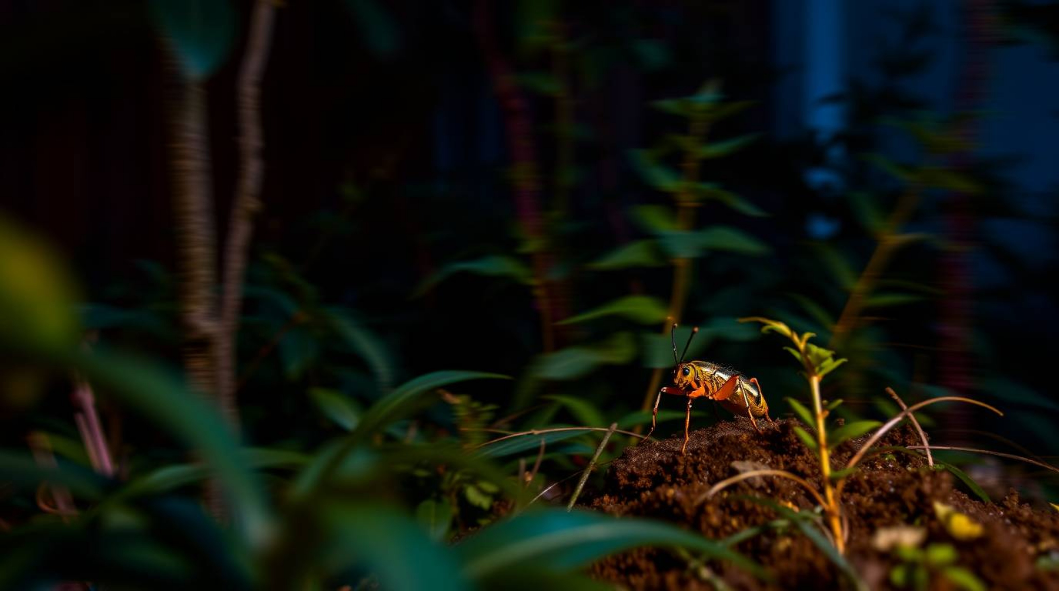 Embark on a miniature adventure with a long-exposure photograph showcasing a bug-sized hero navigating a vibrant backyard jun