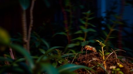 Embark on a miniature adventure with a long-exposure photograph showcasing a bug-sized hero navigating a vibrant backyard jun