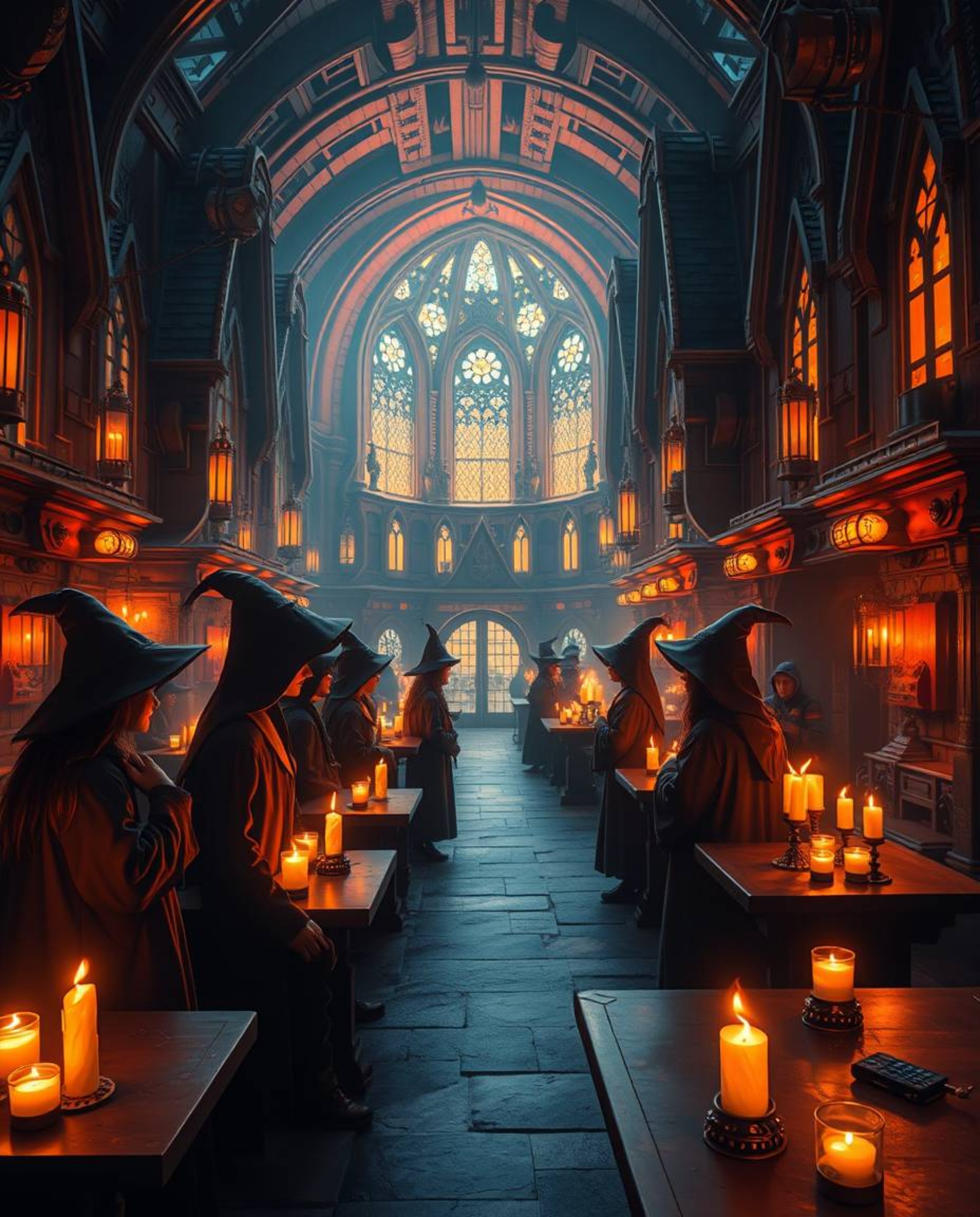 Imagine a magical school teeming with young wizards, reimagined in a futuristic sci-fi setting. Warm candlelight dances along