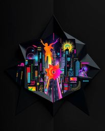 Experience the intricate beauty of a cyberpunk cityscape rendered in the style of origami.  This artwork features vibrant neo