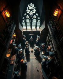 Discover a captivating image of a magical school brimming with young wizards.  This photograph, taken from a dramatic overhea