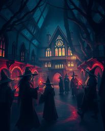 Explore a chilling and magical world with this eerie artwork depicting a school filled with young wizards.  The scene is bath