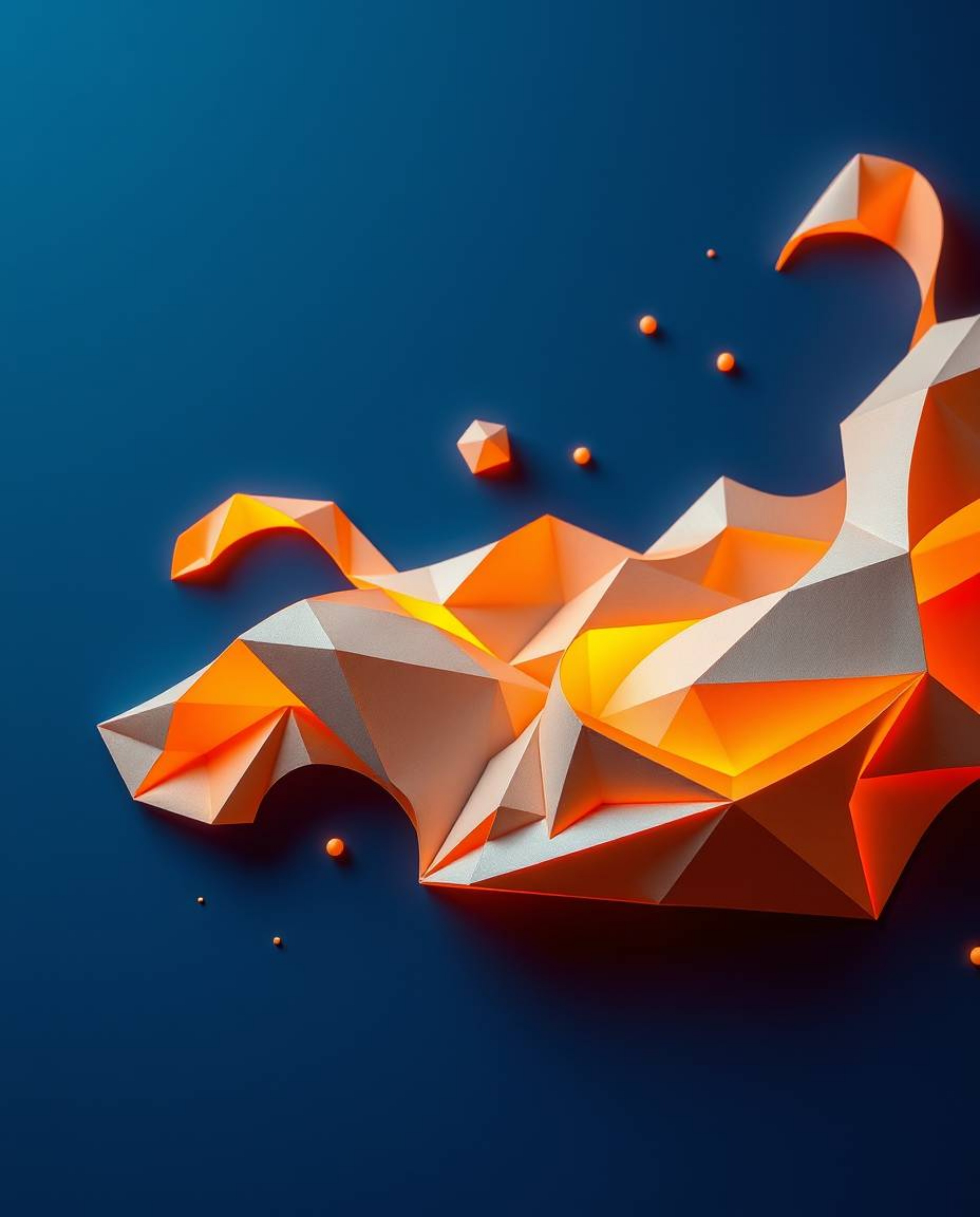 Experience a mesmerizing visual fusion of intricate origami and futuristic design.  Warm golden light illuminates complex fol