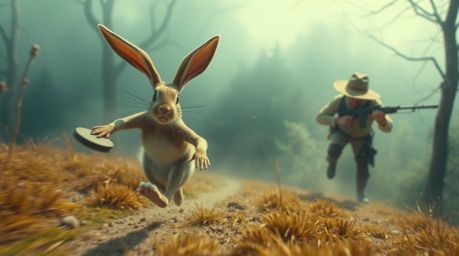 Experience a whimsical chase from a high-angle perspective, capturing a wacky rabbit outsmarting a hunter with slapstick humo