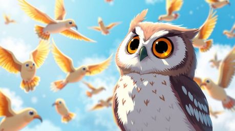 An isekai anime style illustration depicting a heartwarming scene of a blind owl with large, expressive eyes and soft fur, pa