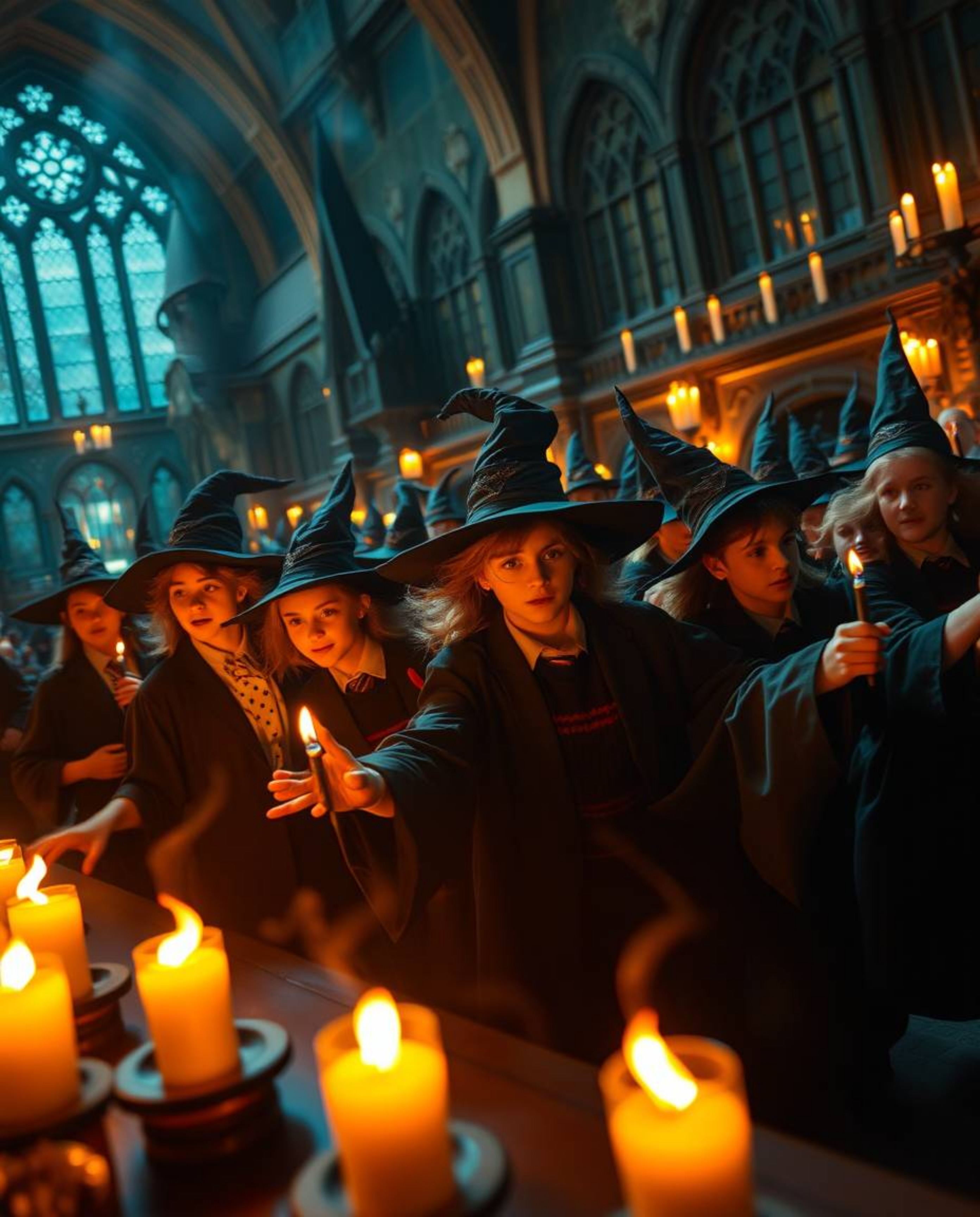 Immerse yourself in a magical school teeming with young wizards, a dynamic scene brought to life with motion and illuminated 
