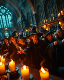 Immerse yourself in a magical school teeming with young wizards, a dynamic scene brought to life with motion and illuminated 