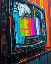 A captivating close-up showcasing a bold acrylic painting. The artwork depicts a rain-soaked scene juxtaposed with a TV scree