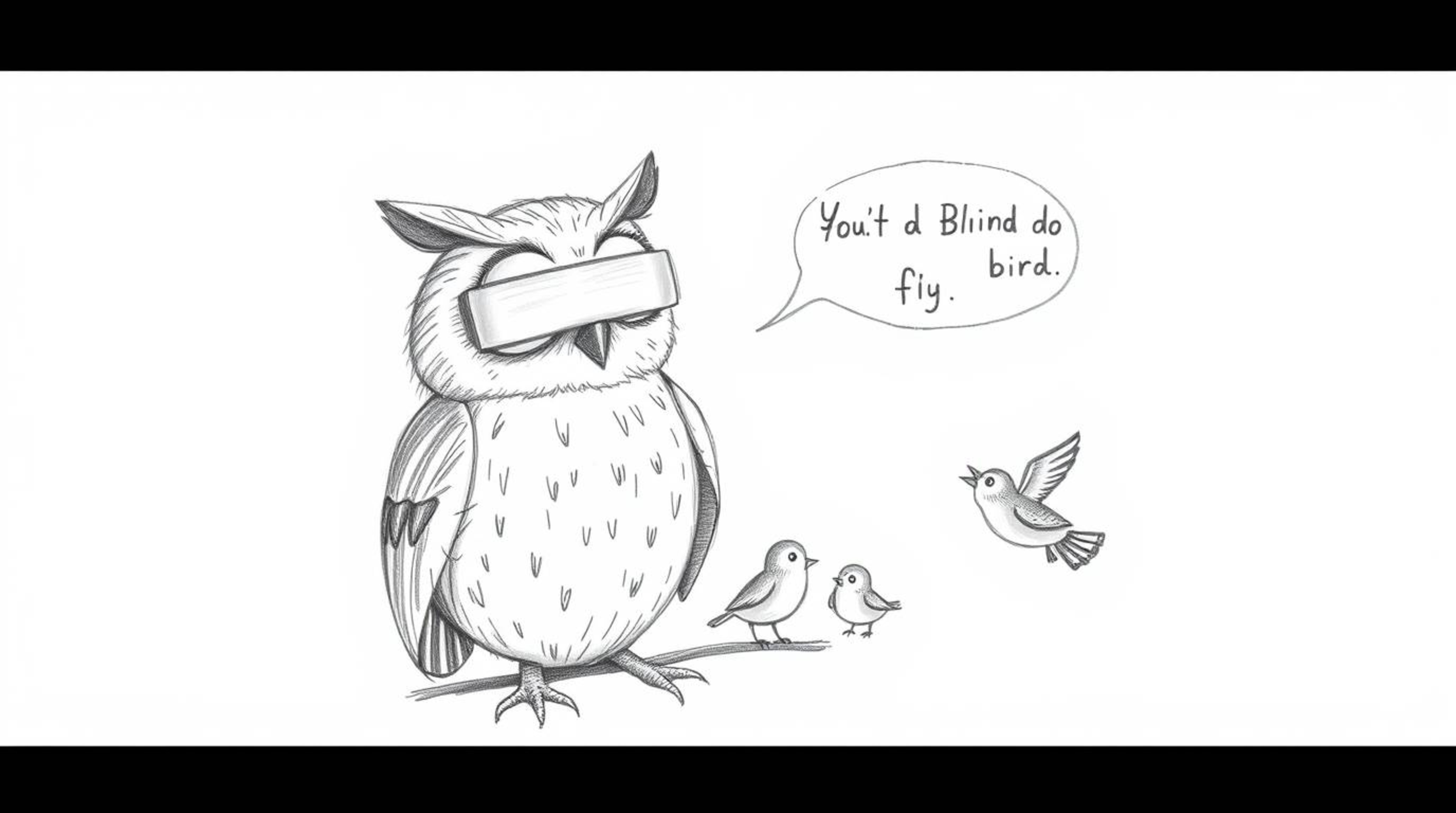 A charming hand-drawn pencil sketch depicts a blind owl, rendered in a Pixar-inspired style against a clean white background.