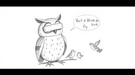 A charming hand-drawn pencil sketch depicts a blind owl, rendered in a Pixar-inspired style against a clean white background.