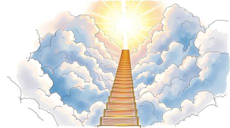 A captivating hand-drawn sketch depicts a golden staircase ascending through ethereal clouds towards a glowing heaven. Sunlig