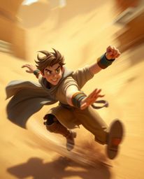 Experience a thrilling Disney-style desert adventure featuring a brave hero in dynamic motion. This artwork showcases blurred