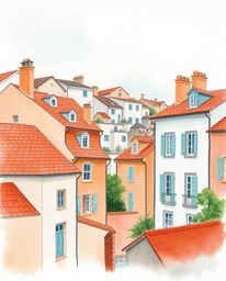 Experience the charm of a sleepy town brought to life in delicate watercolor. Pastel-colored houses create a graceful and ele