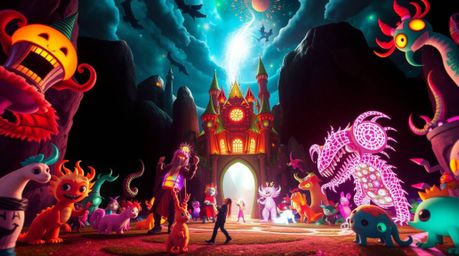 This creative light art piece captures a breathtaking fantasy kingdom brimming with quirky magical creatures, presented from 