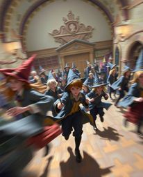 Explore a captivating magical school teeming with young wizards in dynamic motion and blurred lines, rendered in a painterly 