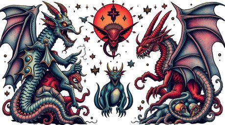 This symbolic traditional tattoo art print depicts a vibrant fantasy kingdom teeming with quirky magical creatures, rendered 