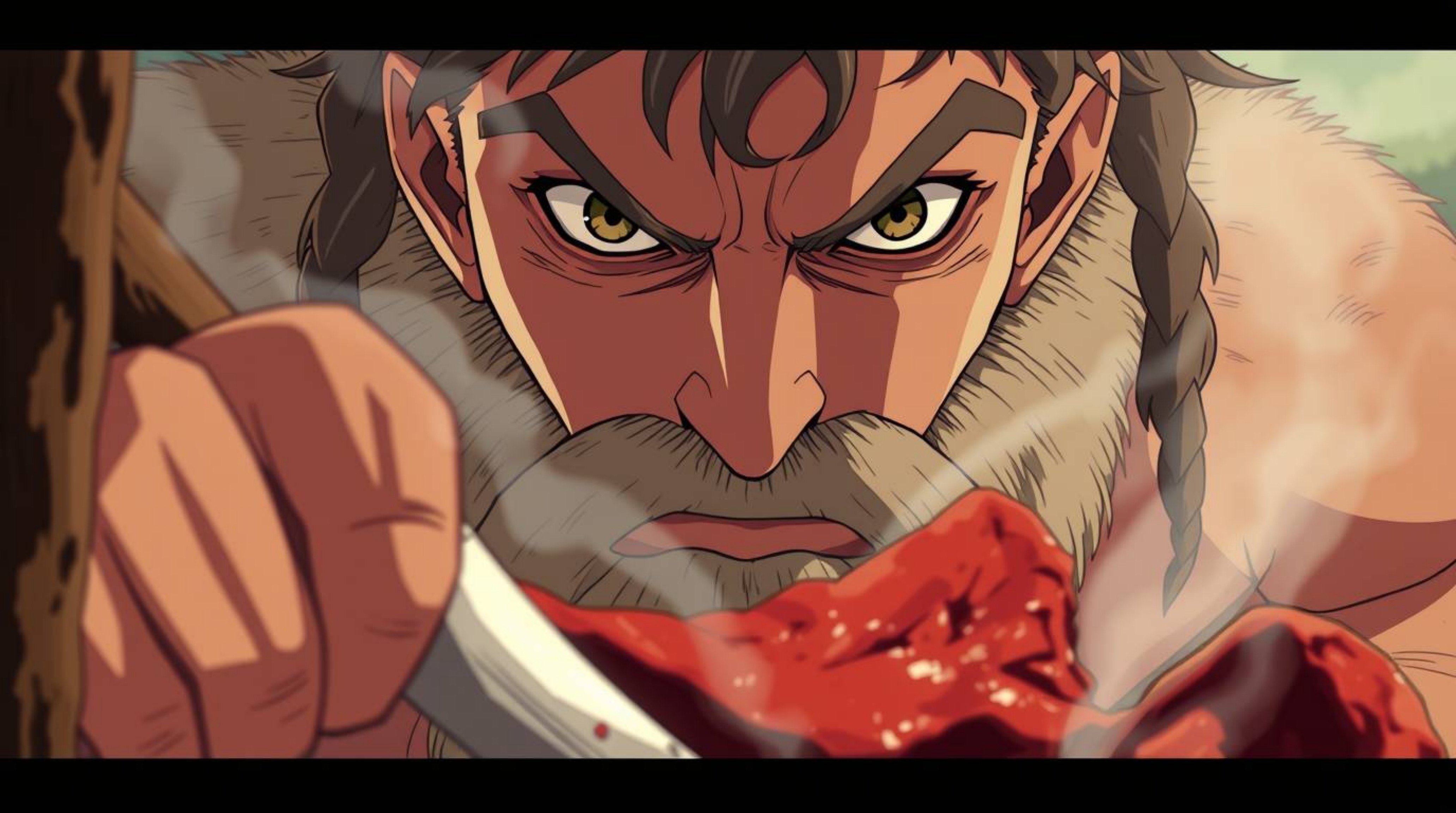 Explore a unique blend of Isekai anime style and prehistoric life with a tight close-up shot of a caveman intensely focused o