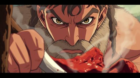 Explore a unique blend of Isekai anime style and prehistoric life with a tight close-up shot of a caveman intensely focused o