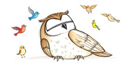 A charming hand-drawn sketch in the style of Pixar portrays a blind owl with gentle features and brown plumage, peacefully re