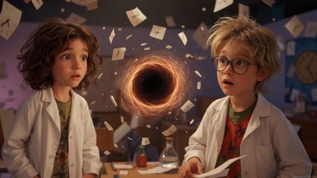 A vibrant, cinematic photograph, in the whimsical style of Pixar, captures the astonished expressions of a science fair duo. 