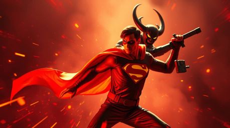 Immerse yourself in a world of warm, creative light with this artwork depicting a superhero with a cape battling a comically 