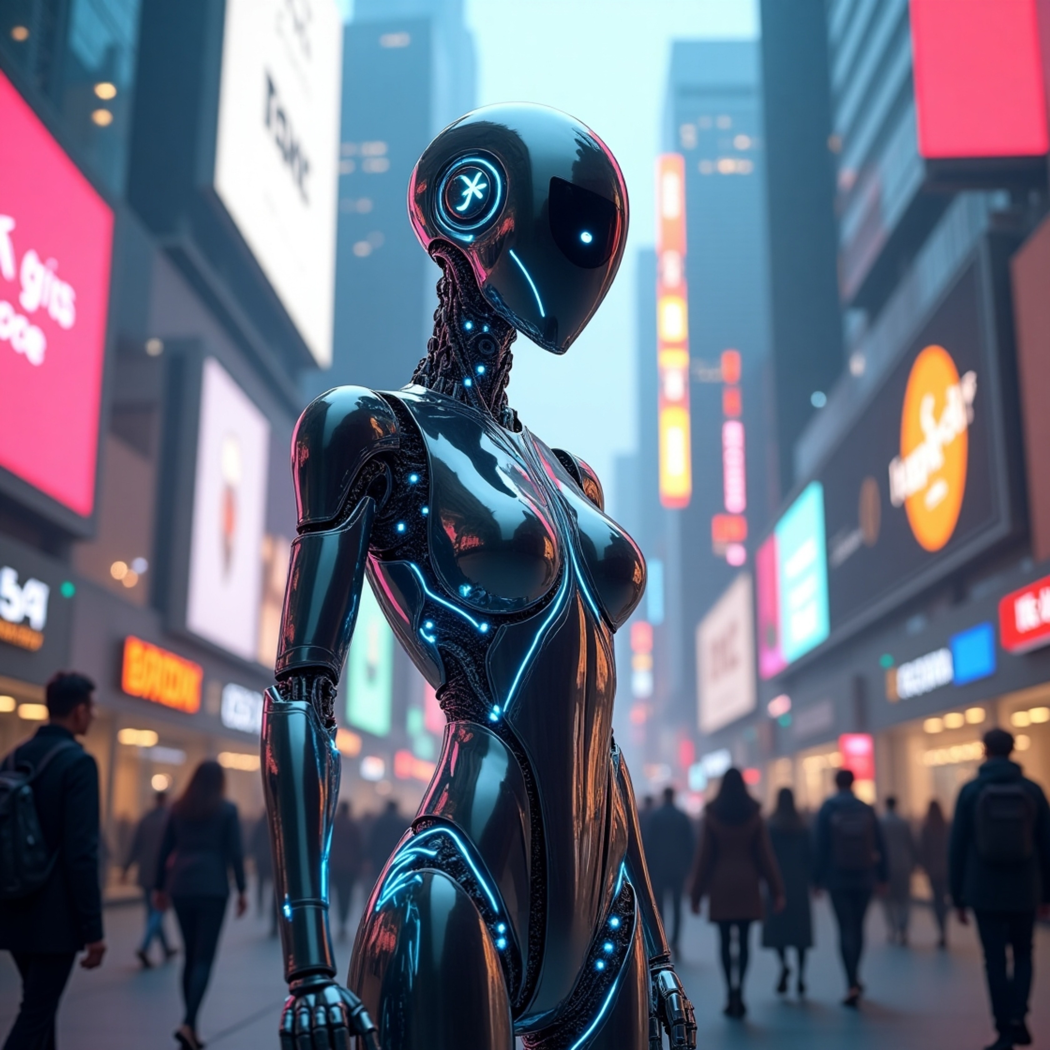 A slender, aerodynamic humanoid robot, gleaming with polished chrome, stands tall in a high-tech city. Its reflective surface