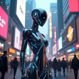 A slender, aerodynamic humanoid robot, gleaming with polished chrome, stands tall in a high-tech city. Its reflective surface
