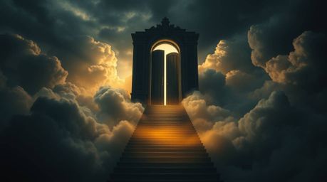 A dramatically lit image showcasing a heavenly gate positioned above the clouds, complete with stairs ascending upwards and g