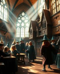 Discover a magical school brimming with young wizards, bathed in the soft glow of diffused light.  A captivating contrast of 