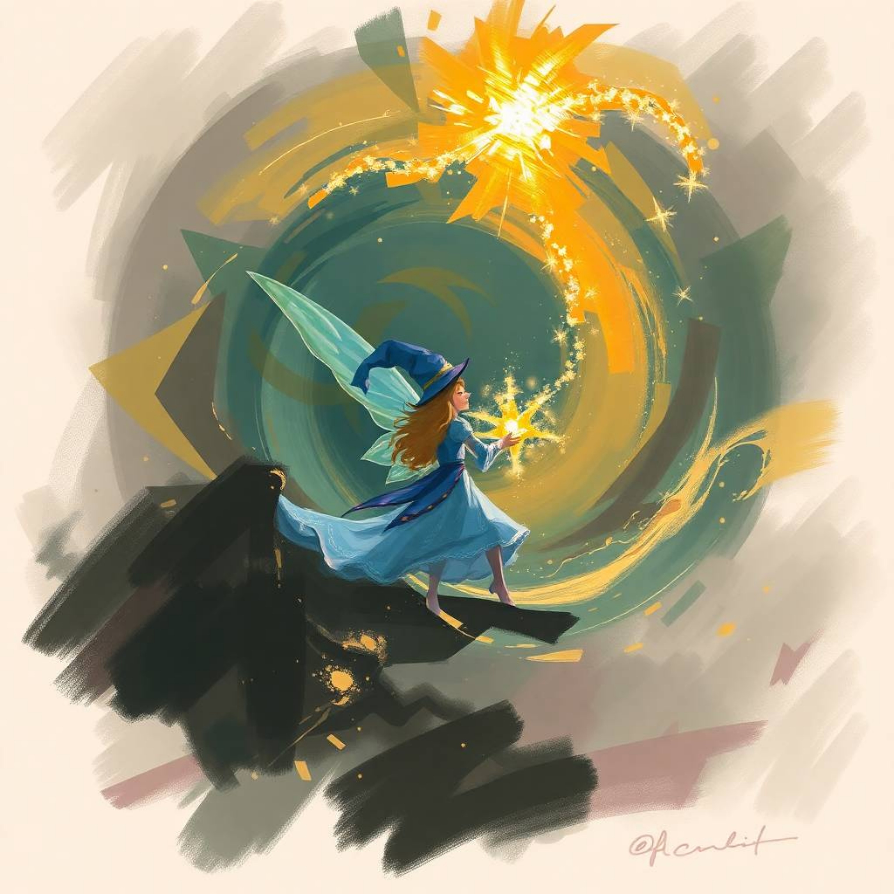 This digital sketch depicts a fairy godmother emerging amidst a swirling sparkle vortex in a stormy sky. The painterly style 