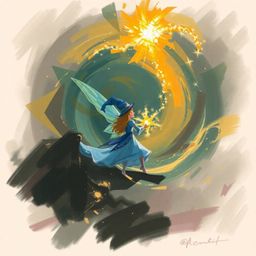 This digital sketch depicts a fairy godmother emerging amidst a swirling sparkle vortex in a stormy sky. The painterly style