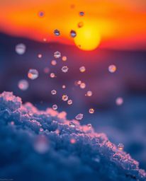 This extreme macro close-up captures the intricate beauty of snowflakes falling during a vibrant sunset. The image is filled 