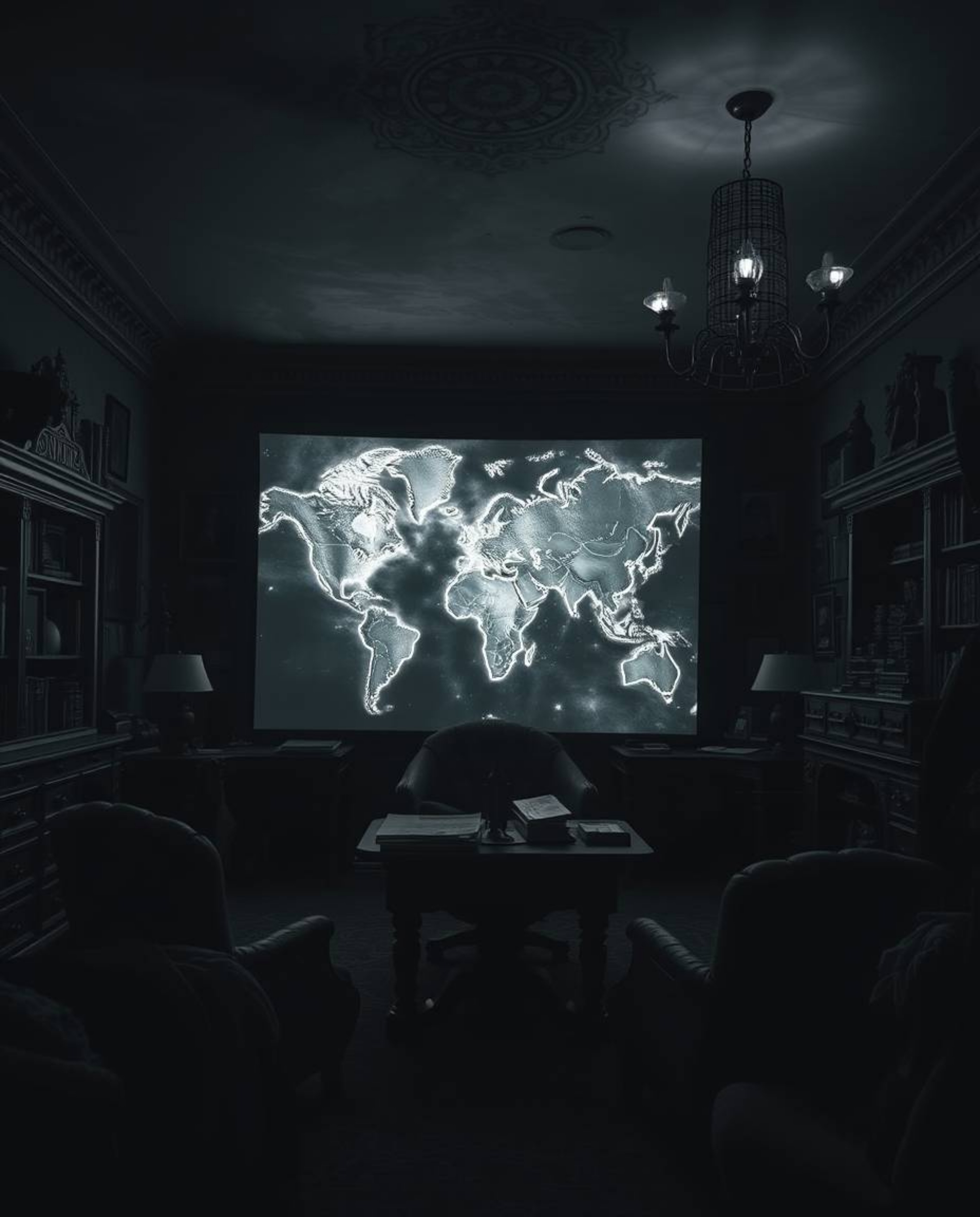 This image presents a dreamlike and surreal scene in an old study, featuring a glowing map projection in black and white. The