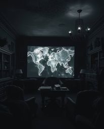This image presents a dreamlike and surreal scene in an old study, featuring a glowing map projection in black and white. The