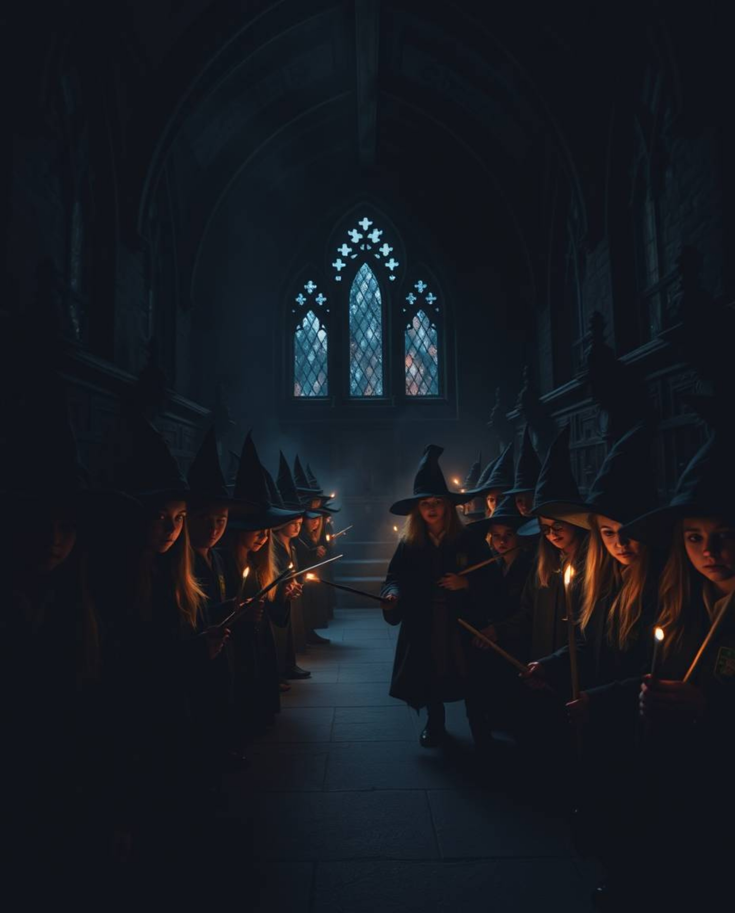 A high-contrast, low-key photograph capturing a magical school teeming with young wizards under an eerie and unsettling atmos