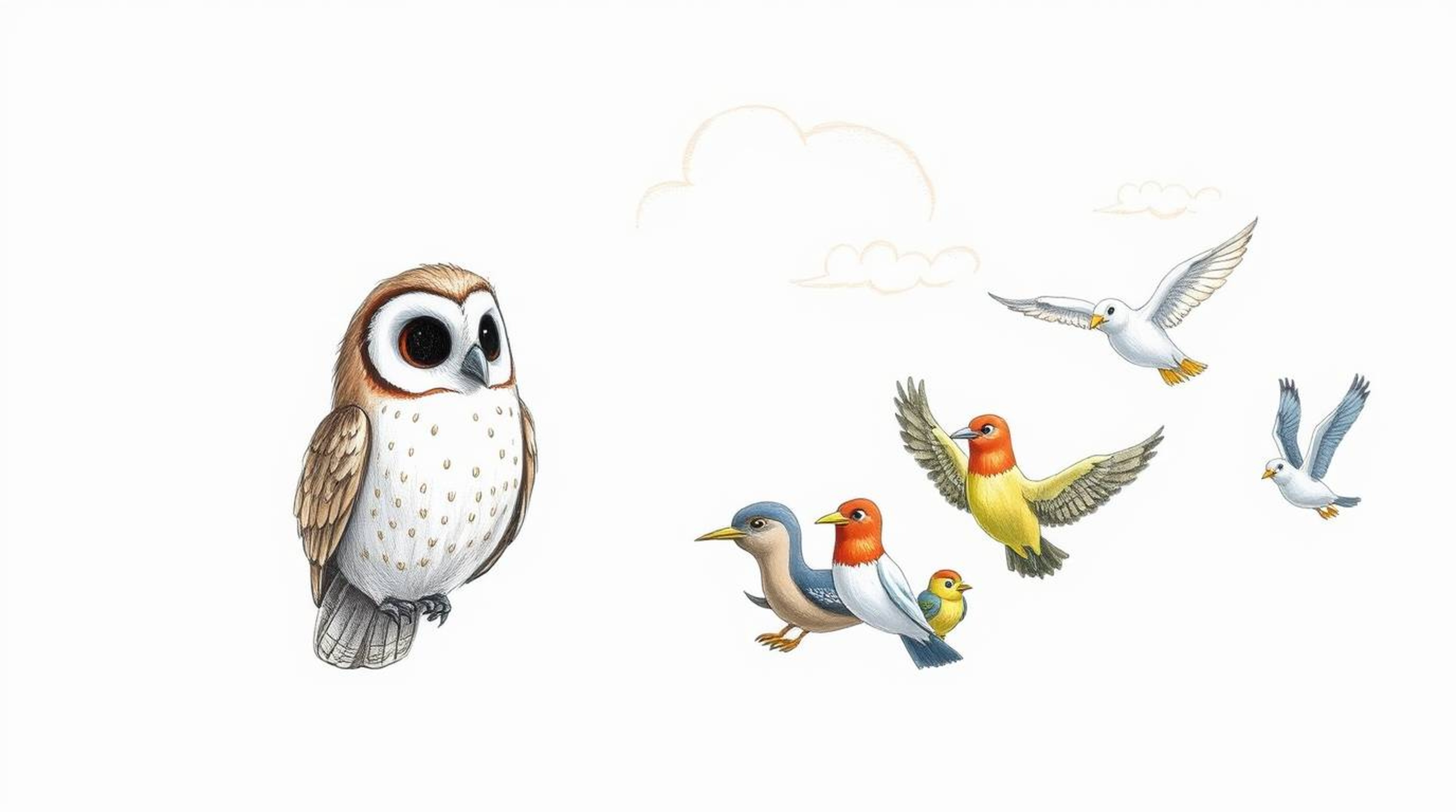 A heartwarming hand-drawn sketch in the style of Pixar depicts a calm, blind owl mentoring a diverse group of birds on how to