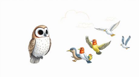 A heartwarming hand-drawn sketch in the style of Pixar depicts a calm, blind owl mentoring a diverse group of birds on how to