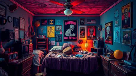 A messy bedroom scene filled with strange gadgets and vibrant posters creates an eerie and unsettling atmosphere.  The image 