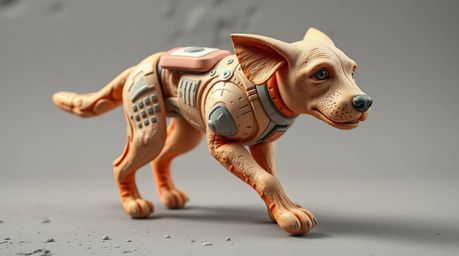 Explore a unique vision of the future with a dog walking itself in space, brought to life through the art of sculptural clay.