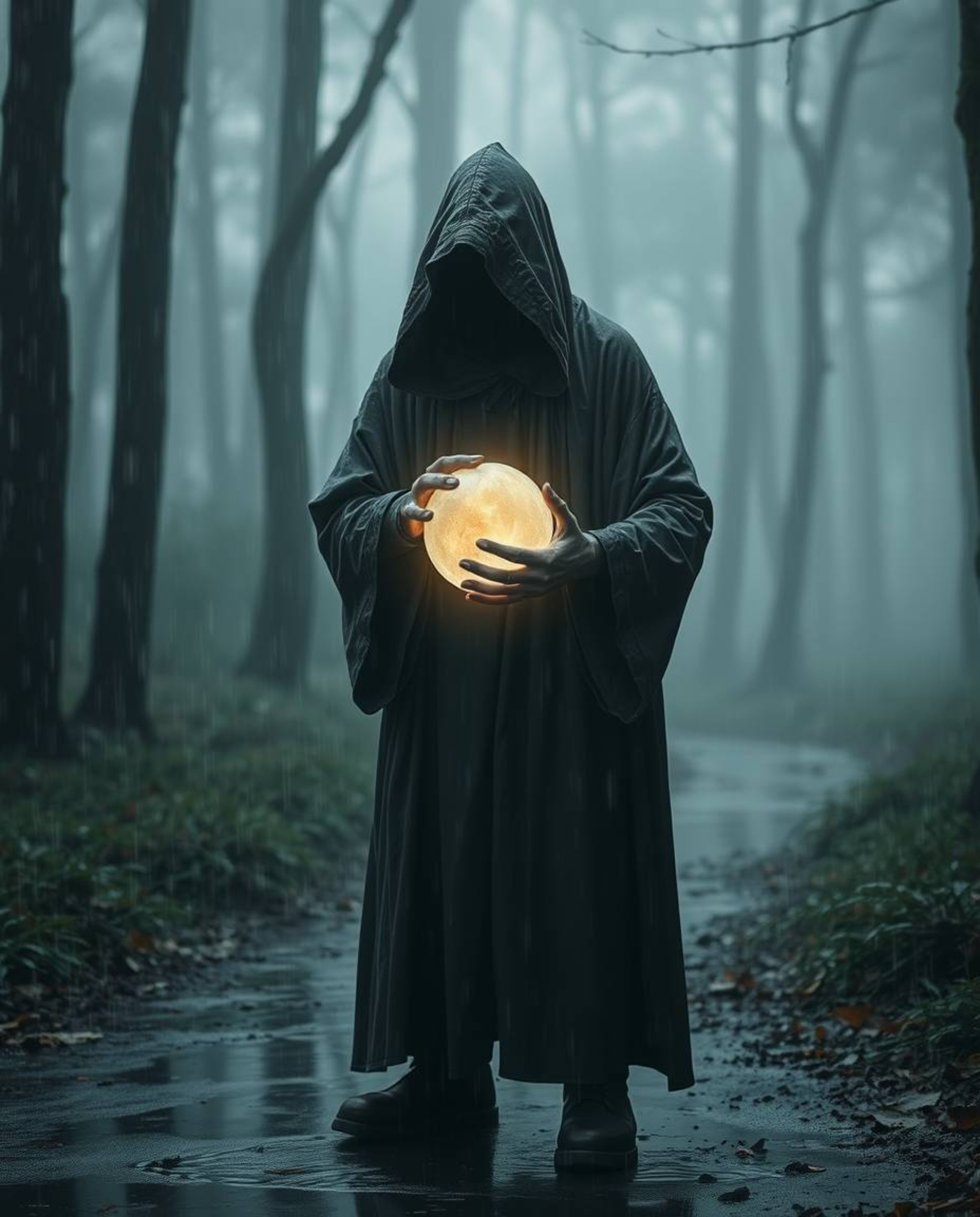 A captivating image of a cloaked figure in a misty forest, holding a glowing orb. The scene is set in a wet, rainy environmen