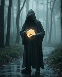 A captivating image of a cloaked figure in a misty forest, holding a glowing orb. The scene is set in a wet, rainy environmen