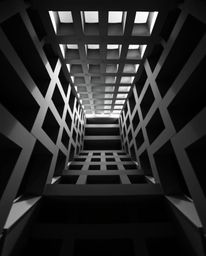 A timeless, elegant black and white photograph showcasing a repetitive cube pattern in the style of Escher's impossible geome