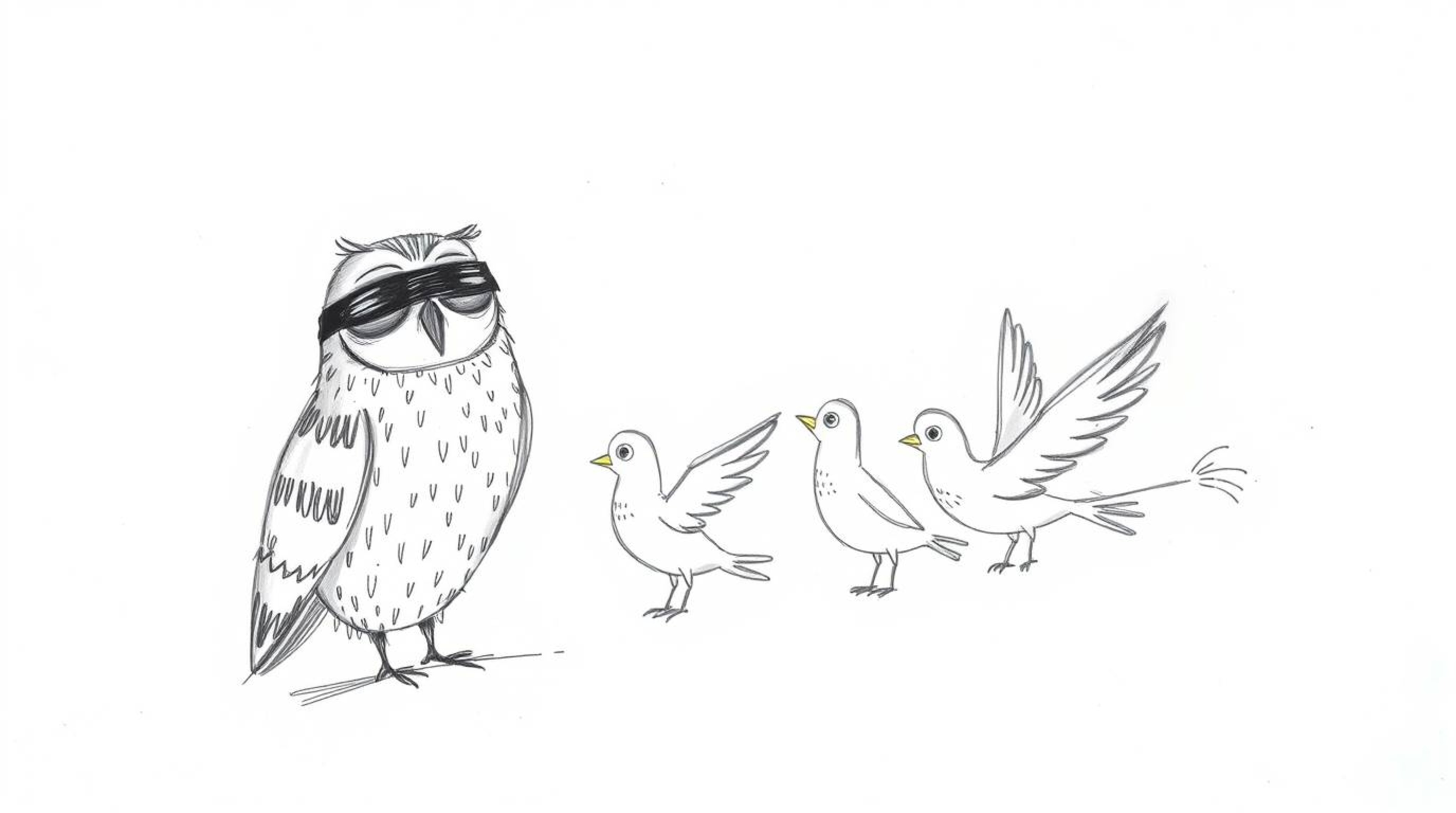 A textured, hand-drawn sketch in a Pixar style depicts a blind owl with soft lines and expressive eyes, guiding a flock of bi