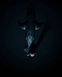 A captivating bird's-eye view captures a unique friendship between a sea creature and a child. The high-contrast, low-key im