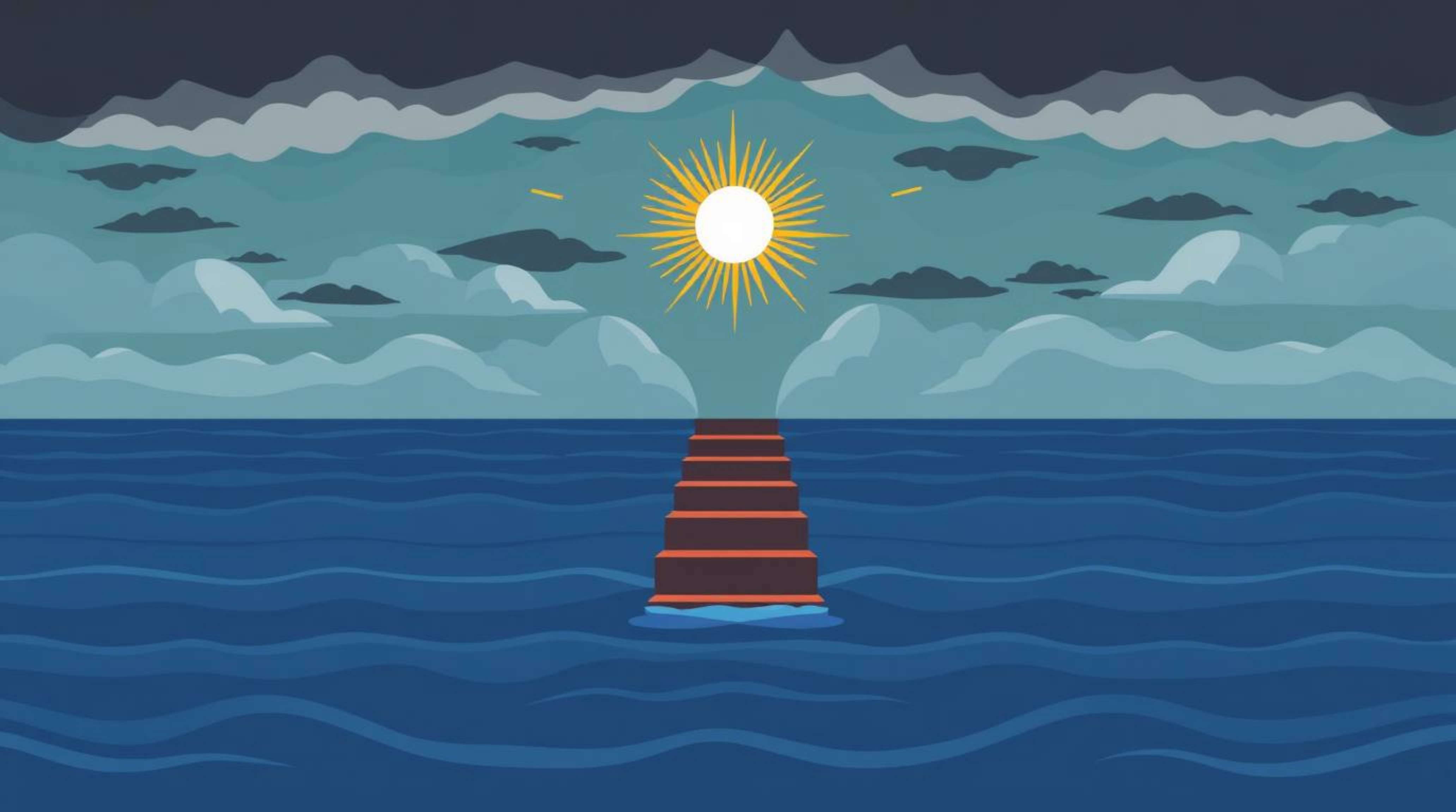A modern flat design image showcasing a simplified, two-dimensional, symbolic staircase dramatically emerging from the ocean 