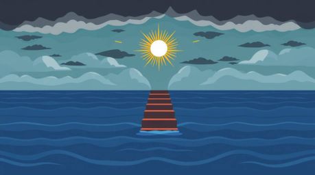 A modern flat design image showcasing a simplified, two-dimensional, symbolic staircase dramatically emerging from the ocean 