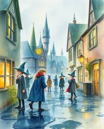 This artwork portrays a magical school teeming with young wizards, brought to life through a delicate watercolor painting sty